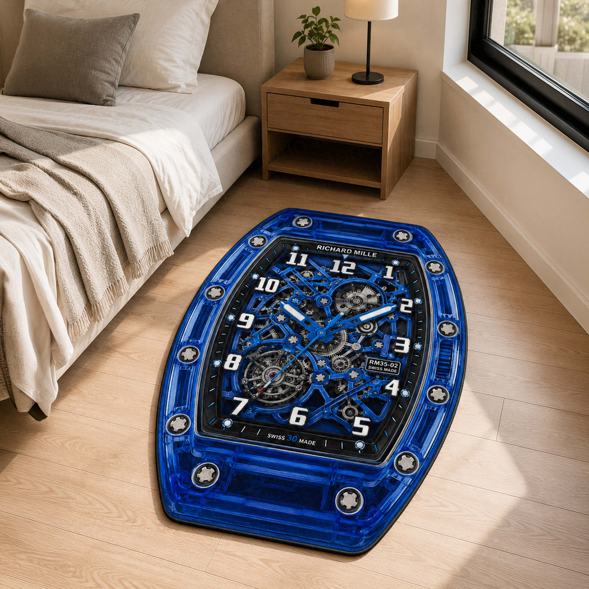 Richard Mille RM 35-02 Blue Sapphire Watch Floor Mat (3 mm Thick) | Luxury Skeleton Dial Cut-Out Flat Rug for Bedroom, Gaming Room & Watch Collector Décor