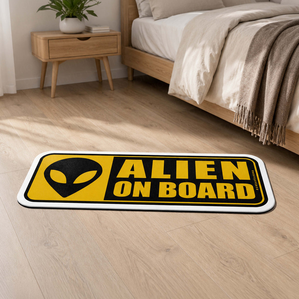 Alien On Board Warning Sign Flat Rug | UFO Alien Head Novelty Flat Rug | Sci-Fi Room & Car Enthusiast Floor Decor