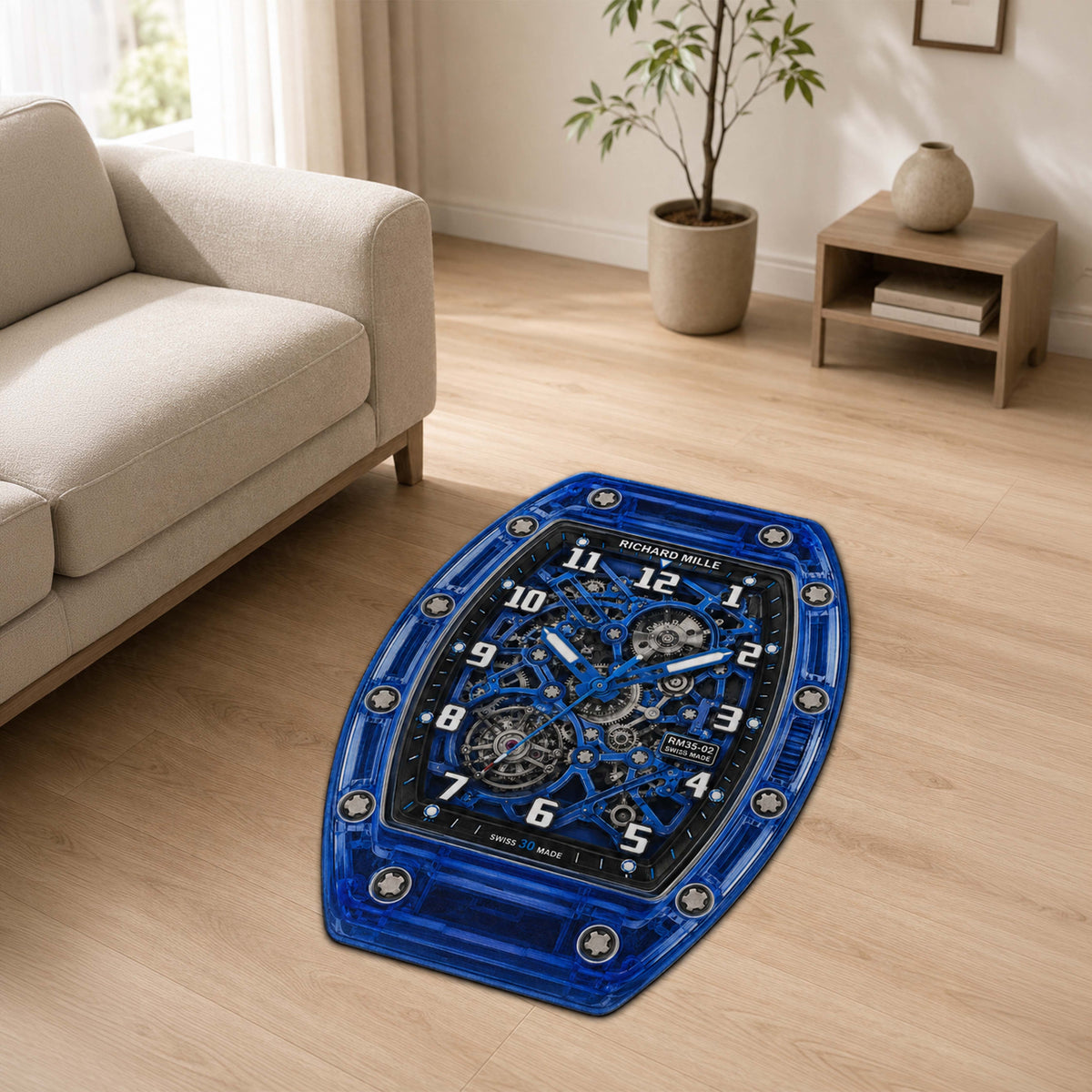 Richard Mille RM 35-02 Blue Sapphire Watch Floor Mat (3 mm Thick) | Luxury Skeleton Dial Cut-Out Flat Rug for Bedroom, Gaming Room & Watch Collector Décor