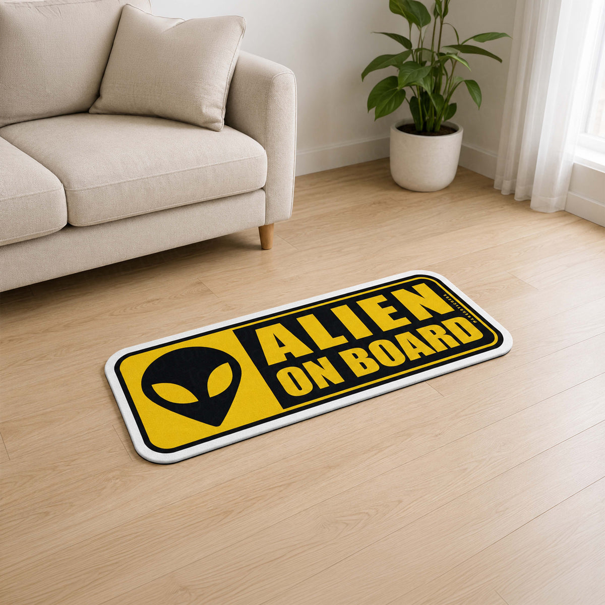 Alien On Board Warning Sign Flat Rug | UFO Alien Head Novelty Flat Rug | Sci-Fi Room & Car Enthusiast Floor Decor