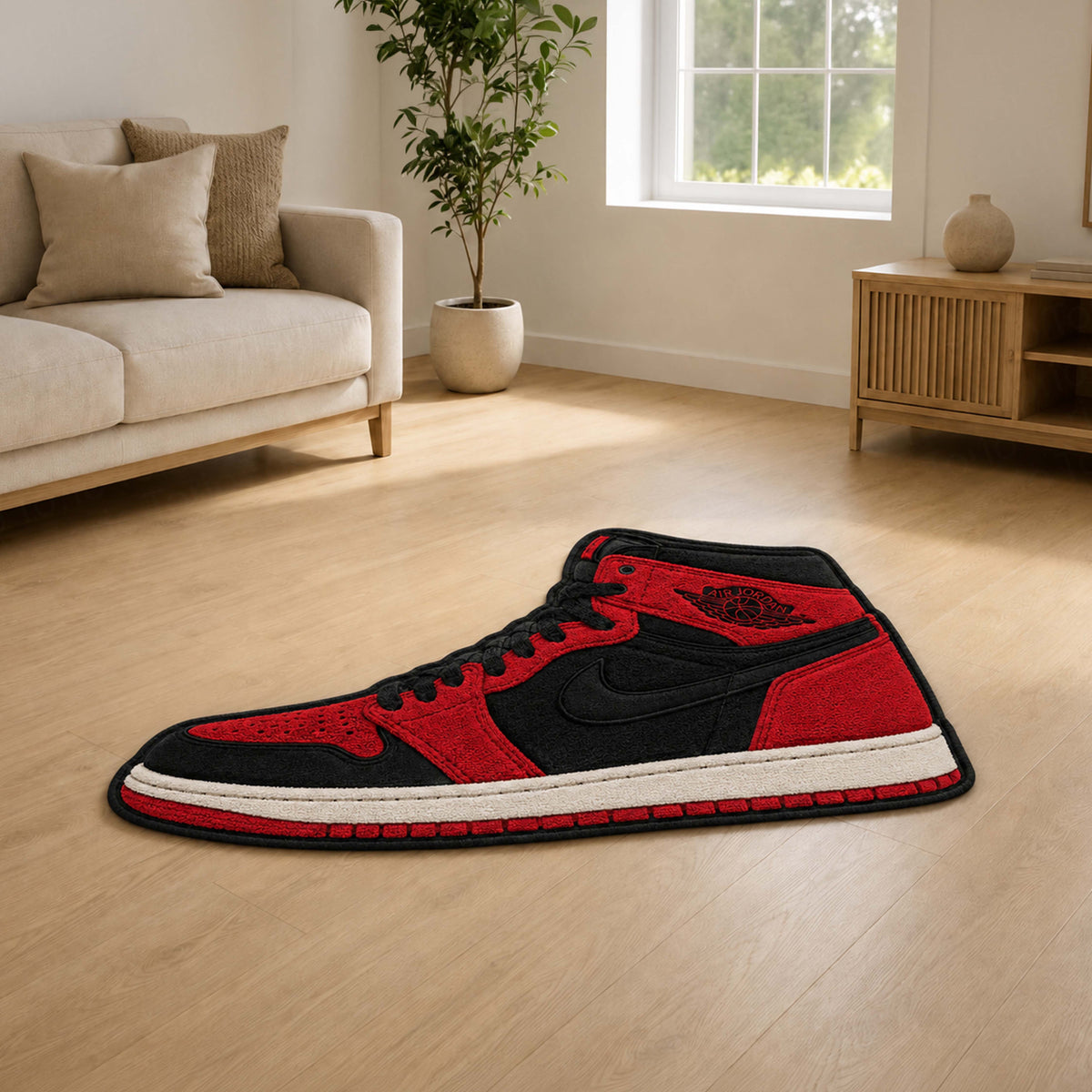 Air Jordan 1 High "Bred" Cut-out Flat Rug | Iconic Red & Black Sneaker Flat Rug | Premium Streetwear Room Decor