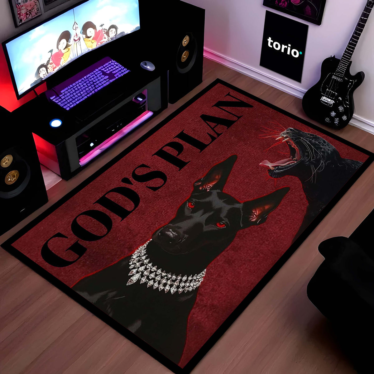God’s Plan Doberman Dog Area Flat Rug | Attitude Dog Floor Mat | Aesthetic Red Black Flat Rug for Bedroom, Gaming Room & Living Room Decor | Anti Slip Washable 3 mm Thin Carpet