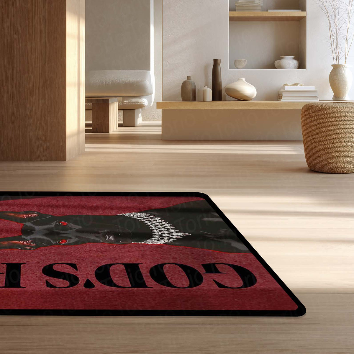 God’s Plan Doberman Dog Area Flat Rug | Attitude Dog Floor Mat | Aesthetic Red Black Flat Rug for Bedroom, Gaming Room & Living Room Decor | Anti Slip Washable 3 mm Thin Carpet