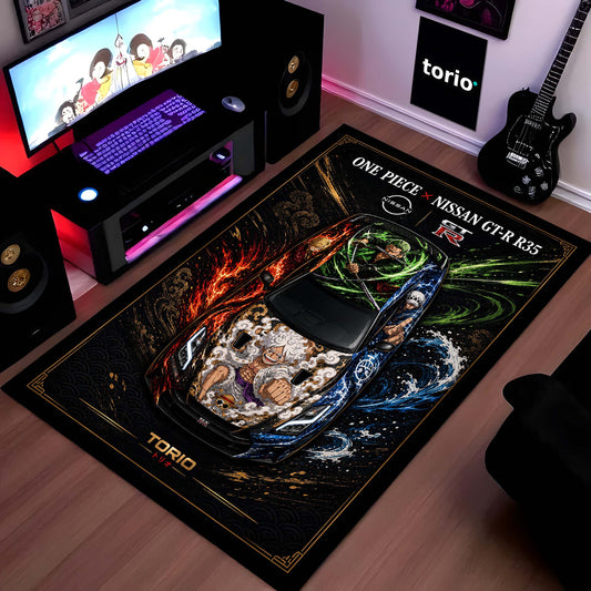 One Piece Nissan GT-R R35 Anime Area Flat Rug | Luffy Gear 5 & Zoro Floor Mat | One Piece Gaming Flat Rug for Bedroom, Gaming Room, Anime Setup & Otaku Decor