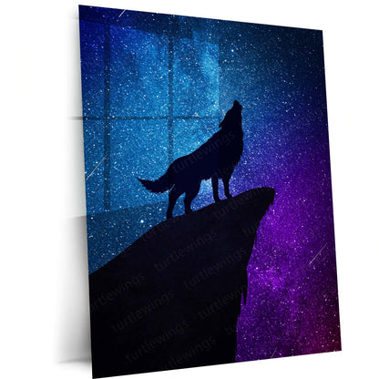 Galaxy Wolf Metal Poster | Cosmic Wolf Silhouette Wall Art  Mystical Night Sky Wildlife Metal Frame by TurtleWings