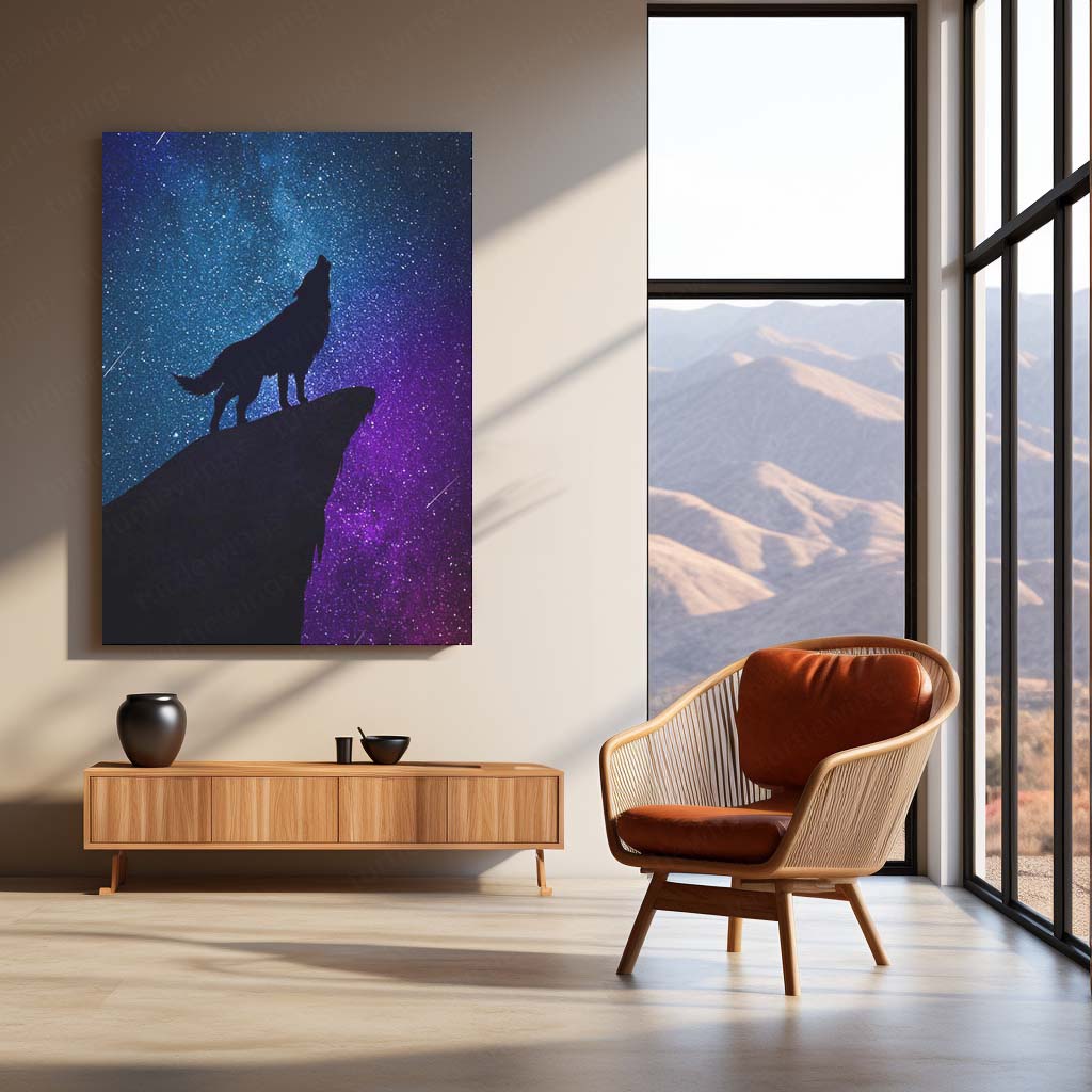 Galaxy Wolf Metal Poster | Cosmic Wolf Silhouette Wall Art  Mystical Night Sky Wildlife Metal Frame by TurtleWings