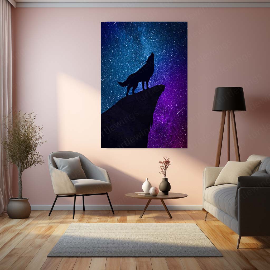 Galaxy Wolf Metal Poster | Cosmic Wolf Silhouette Wall Art  Mystical Night Sky Wildlife Metal Frame by TurtleWings