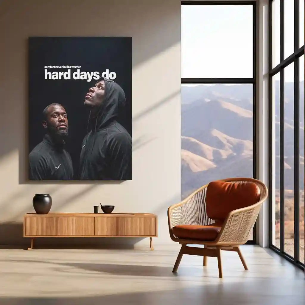 Quote Metal Poster | Ghetts & Dave | “Comfort Never Built a Warrior Hard Days Do.” | Hard Days Mindset Metal Poster - TURTLEWINGS