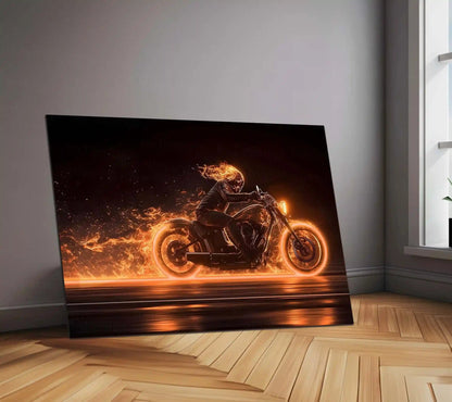 Ghost Rider Neon LED Metal Frame | Flaming Skull Bike Poster | Fire Rider Dark Wall Art - TURTLEWINGS