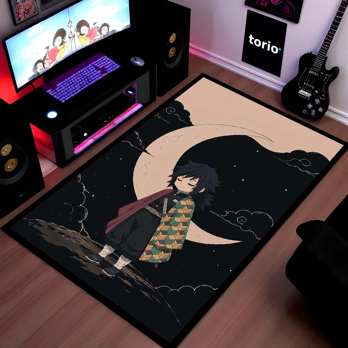 Giyu Tomioka Demon Slayer Area Flat Rug | Moonlit Hashira Anime Area Flat Rug | Premium Anime Bedroom & Gaming Room Floor Decor