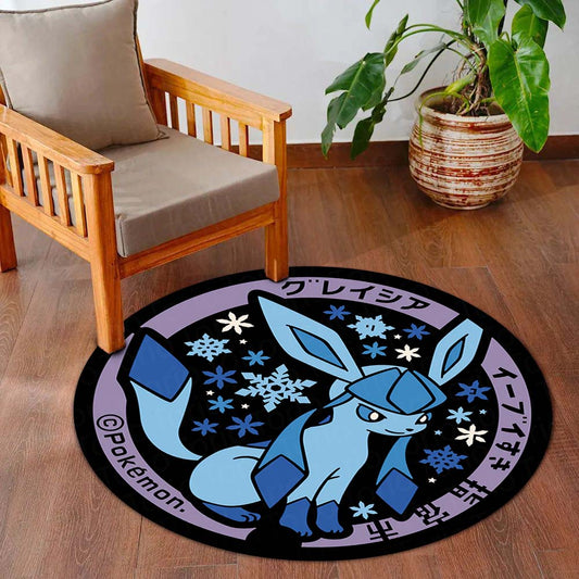 Glaceon Round Flat Rug | Ice-Type Pokémon Inspired Floor Mat | Anti-Slip 3 mm Absorbent Circle Flat Rug for Bedroom, Gaming Room & Anime Decor
