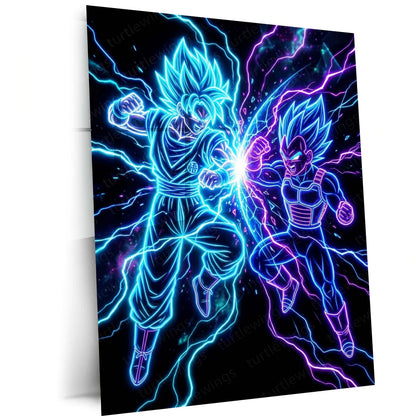 Anime Metal Poster | Goku & Vegeta Neon Clash Metal Poster | Legendary Saiyan Battle Wall Art  Epic Anime Energy Metal Frame by TurtleWings