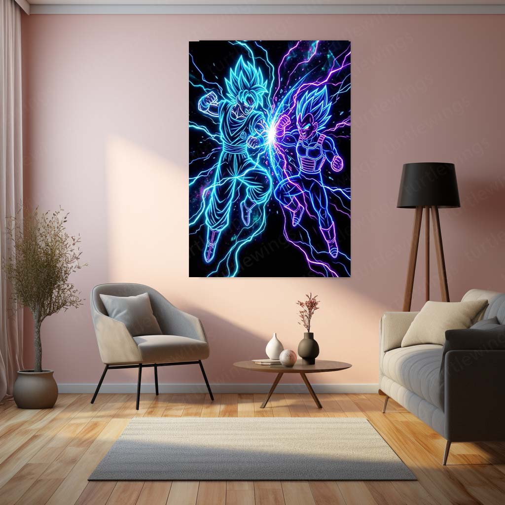 Anime Metal Poster | Goku & Vegeta Neon Clash Metal Poster | Legendary Saiyan Battle Wall Art  Epic Anime Energy Metal Frame by TurtleWings