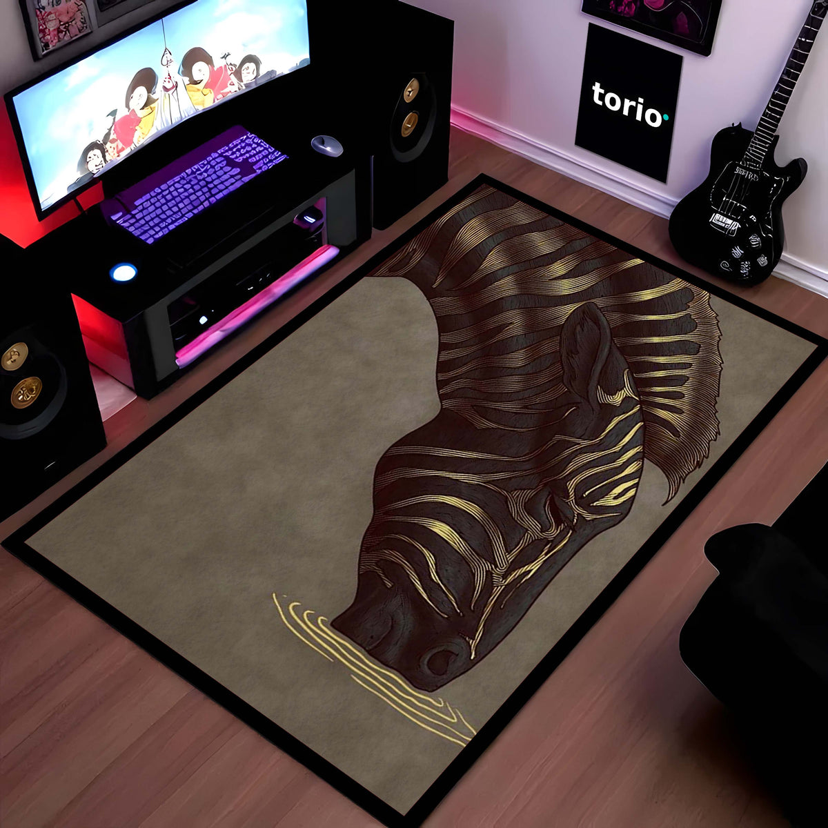 Golden Zebra Art Area Flat Rug | Abstract Animal Design Floor Mat | Luxury Aesthetic Flat Rug for Bedroom, Living Room & Gaming Room Decor | Anti Slip Washable 3 mm Carpet