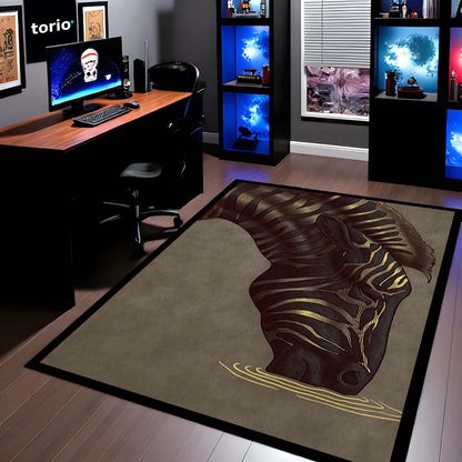 Golden Zebra Art Area Flat Rug | Abstract Animal Design Floor Mat | Luxury Aesthetic Flat Rug for Bedroom, Living Room & Gaming Room Decor | Anti Slip Washable 3 mm Carpet