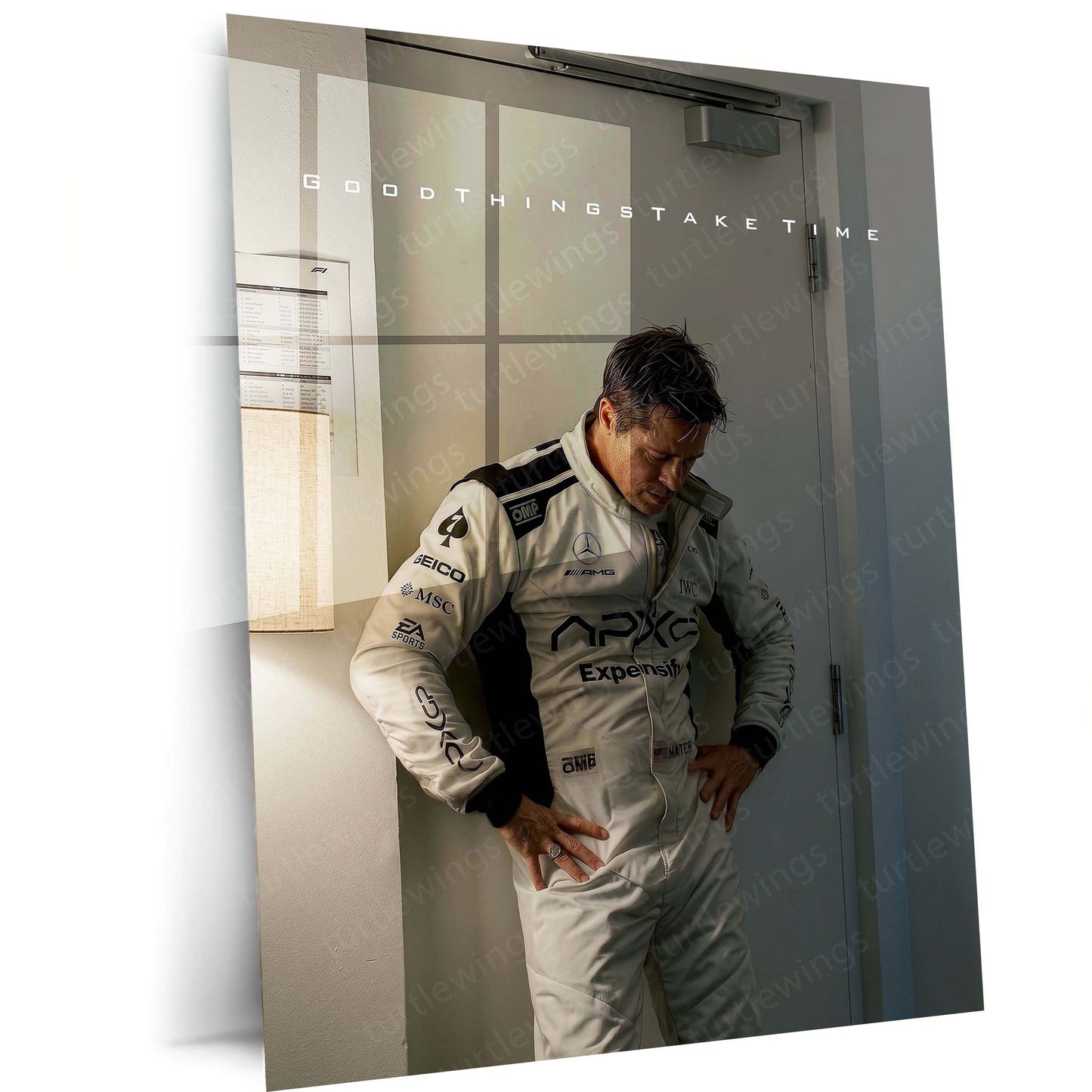 Quote Metal Poster | Brad Pitt – Good Things Take Time | F1 Racing Motivational Metal Frame | Patience & Success Wall Art by TurtleWings