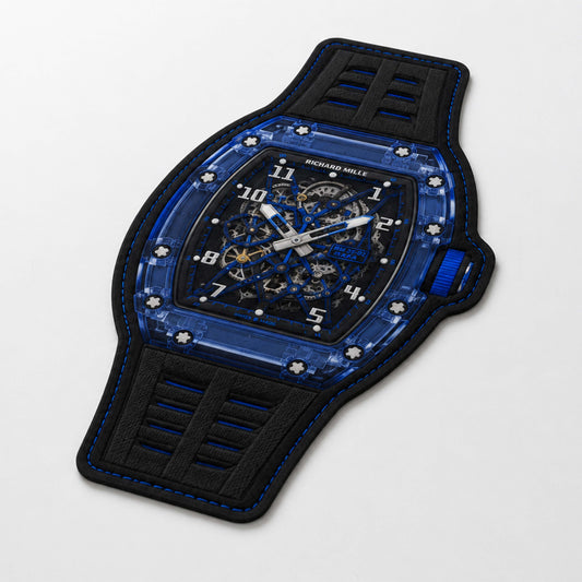 Richard Mille RM 35-02 Blue Sapphire Watch Floor Mat (3 mm Thick) | Luxury Watch Shaped Skeleton Dial Flat Rug for Bedroom, Gaming Room & Watch Collector Décor