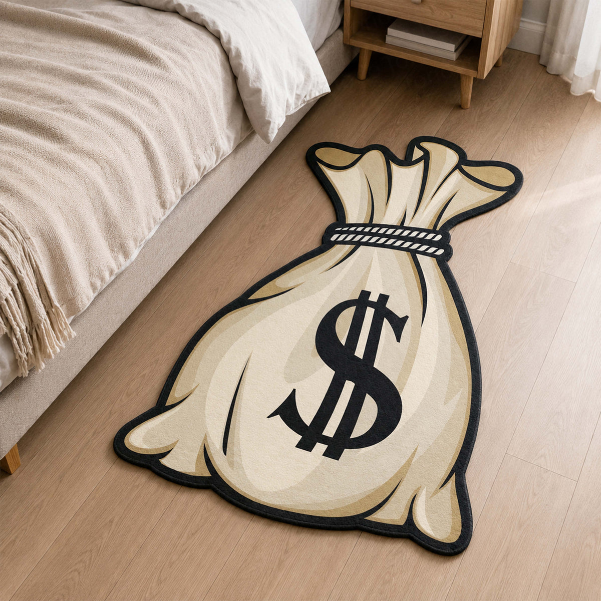Money Bag Cut-out Flat Rug | Cartoon Cash Sack Flat Rug | Wealth & Hustle-Themed Room Decor