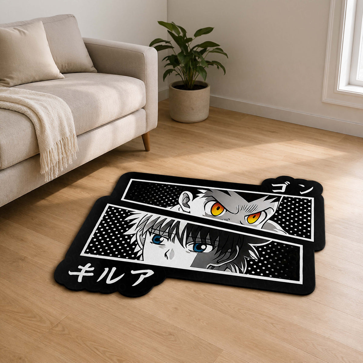 Gon Freecss & Killua Zoldyck Split Face Cut-out Flat Rug | Hunter × Hunter Anime Flat Rug | Premium Gaming Room Decor