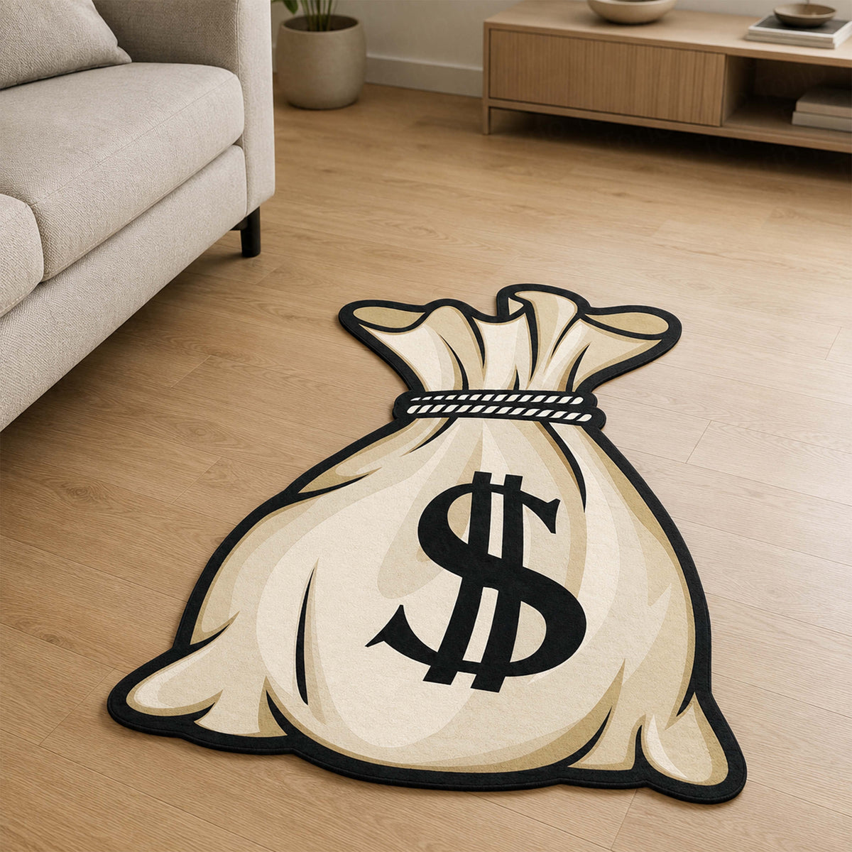 Money Bag Cut-out Flat Rug | Cartoon Cash Sack Flat Rug | Wealth & Hustle-Themed Room Decor