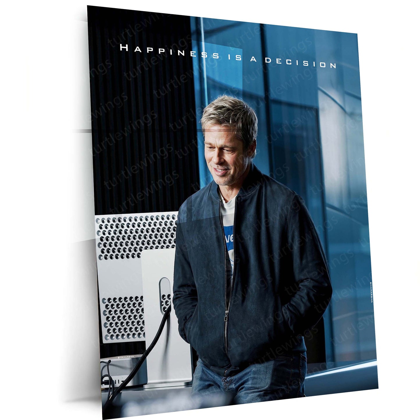 Quote Metal Poster | Brad Pitt – Happiness Is a Decision | Positive Mindset Motivational Metal Frame | Inspirational Wall Art by TurtleWings