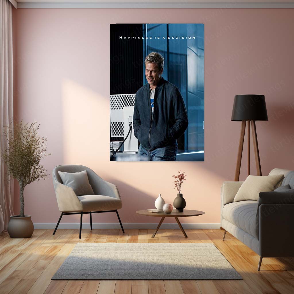 Quote Metal Poster | Brad Pitt – Happiness Is a Decision | Positive Mindset Motivational Metal Frame | Inspirational Wall Art by TurtleWings