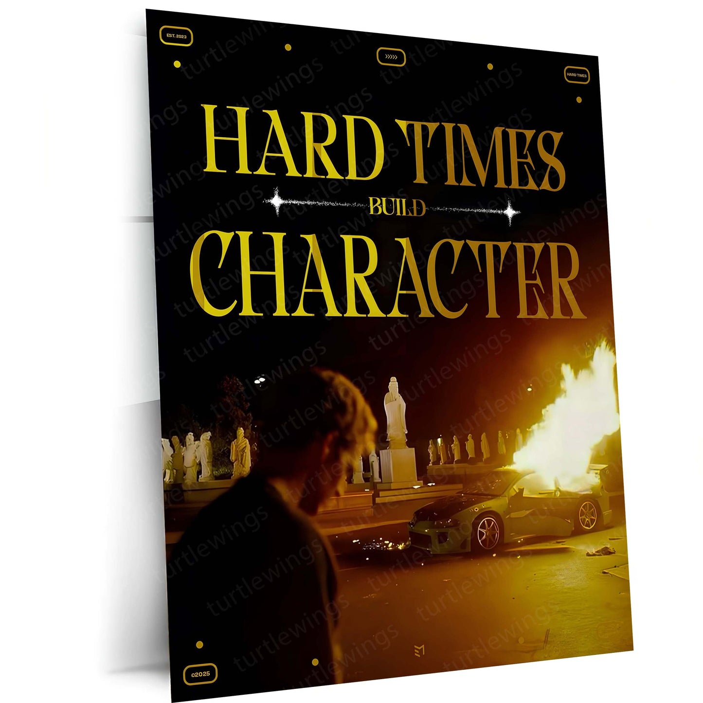 Quote Metal Poster | Hard Times Build Character | Cinematic Motivation Metal Frame | Resilience Wall Art