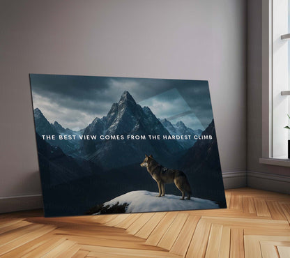 Quote Metal Poster | The Best View Comes from the Hardest Climb – Wolf & Mountain Metal Poster
