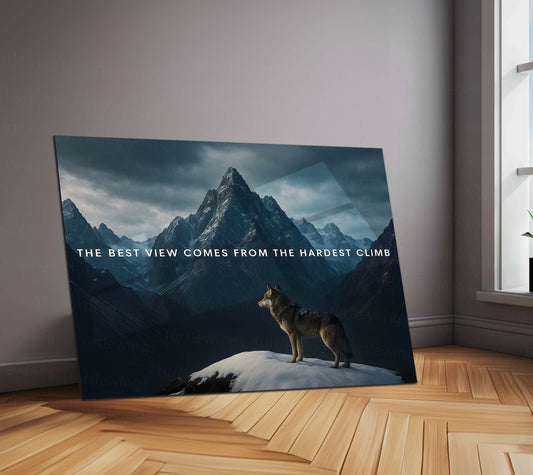 Quote Metal Poster | The Best View Comes from the Hardest Climb – Wolf & Mountain Metal Poster