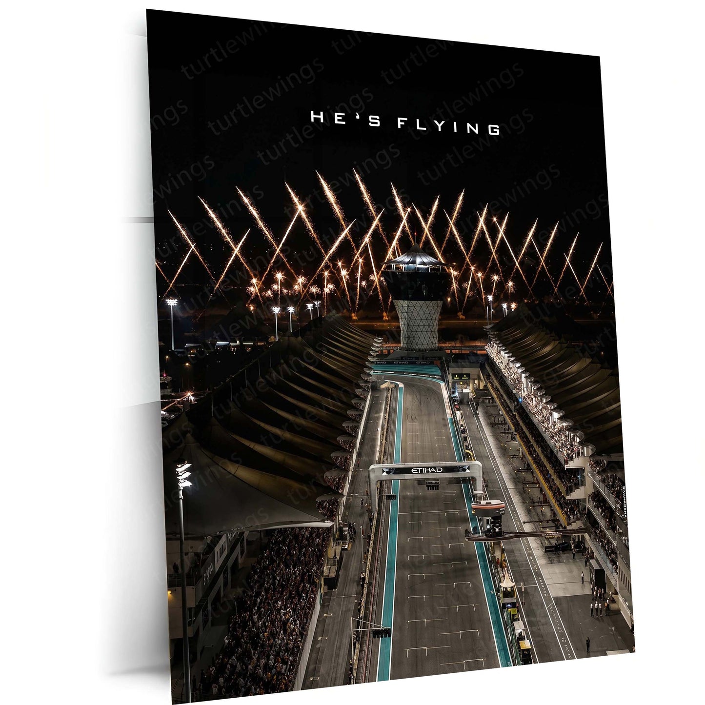 Formula 1 – He’s Flying | Abu Dhabi Night Race Metal Frame | F1 Circuit Racing Wall Art by TurtleWings