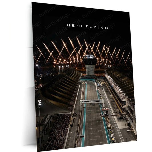 Formula 1 – He’s Flying | Abu Dhabi Night Race Metal Frame | F1 Circuit Racing Wall Art by TurtleWings