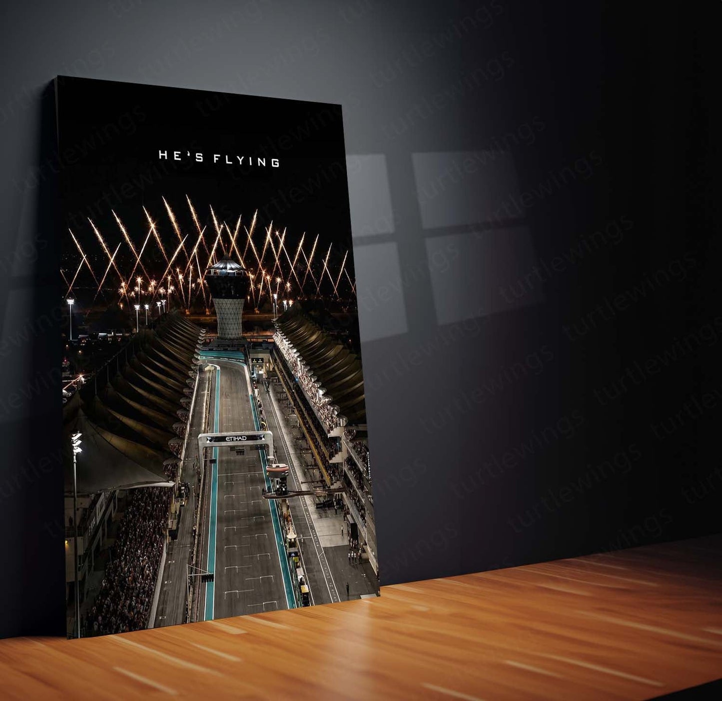Formula 1 – He’s Flying | Abu Dhabi Night Race Metal Frame | F1 Circuit Racing Wall Art by TurtleWings