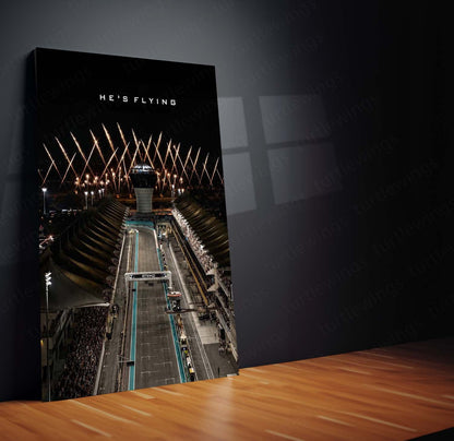 Formula 1 – He’s Flying | Abu Dhabi Night Race Metal Frame | F1 Circuit Racing Wall Art by TurtleWings