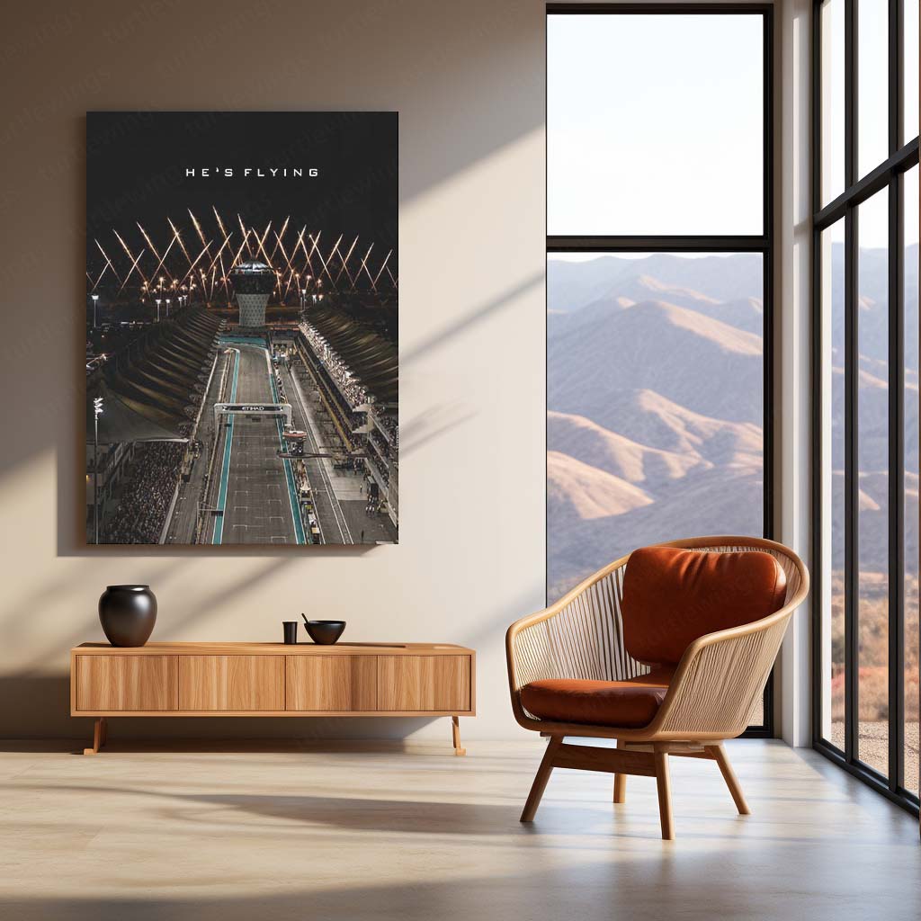 Formula 1 – He’s Flying | Abu Dhabi Night Race Metal Frame | F1 Circuit Racing Wall Art by TurtleWings