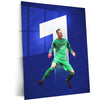 Barcelona Goalkeeper in Green Kit – Airborne Save with #1 Backdrop – Metal Frame | Dynamic Football Wall Art