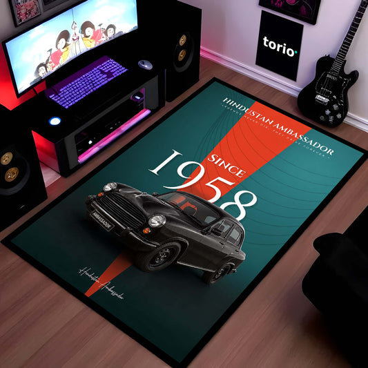 Hindustan Ambassador Vintage Car Area Flat Rug | Classic Indian Automobile Floor Mat | Retro Ambassador Car Flat Rug for Living Room, Garage & Car Enthusiast Decor