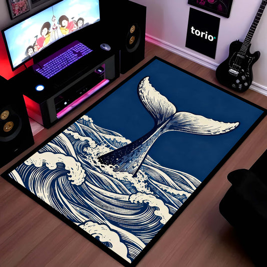 Humpback Whale Fluke Art Area Flat Rug | Majestic Ocean Wildlife Floor Mat | Artistic Marine Decor Flat Rug for Living Room, Office & Beach House Decor