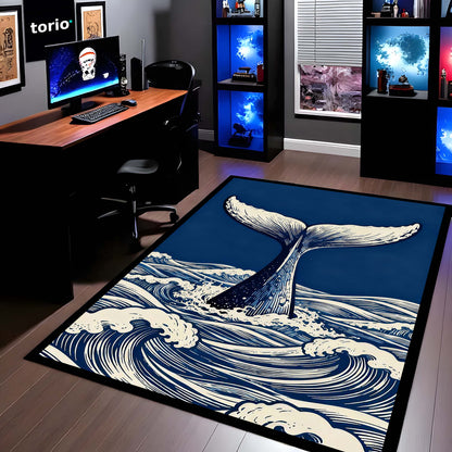 Humpback Whale Fluke Art Area Flat Rug | Majestic Ocean Wildlife Floor Mat | Artistic Marine Decor Flat Rug for Living Room, Office & Beach House Decor