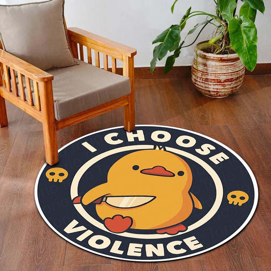I Choose Violence Duck Round Flat Rug | Funny Meme Floor Mat | Anti-Slip 3 mm Absorbent Circle Flat Rug for Bedroom, Gaming Room & Cute Room Decor