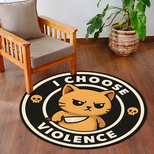 I Choose Violence Cat Round Flat Rug | Funny Angry Cat Meme Floor Mat | Anti-Slip 3 mm Absorbent Circle Flat Rug for Bedroom, Gaming Room & Cute Room Decor