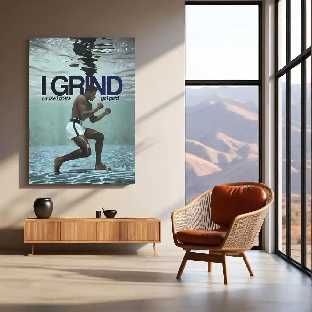 Quote Metal Poster | Muhammad Ali – I Grind Because I Get Paid Metal Frame Discipline, Hustle & Champion Work Ethic Motivational Wall Art | Boxing Legacy Quote Metal Poster - TURTLEWINGS 