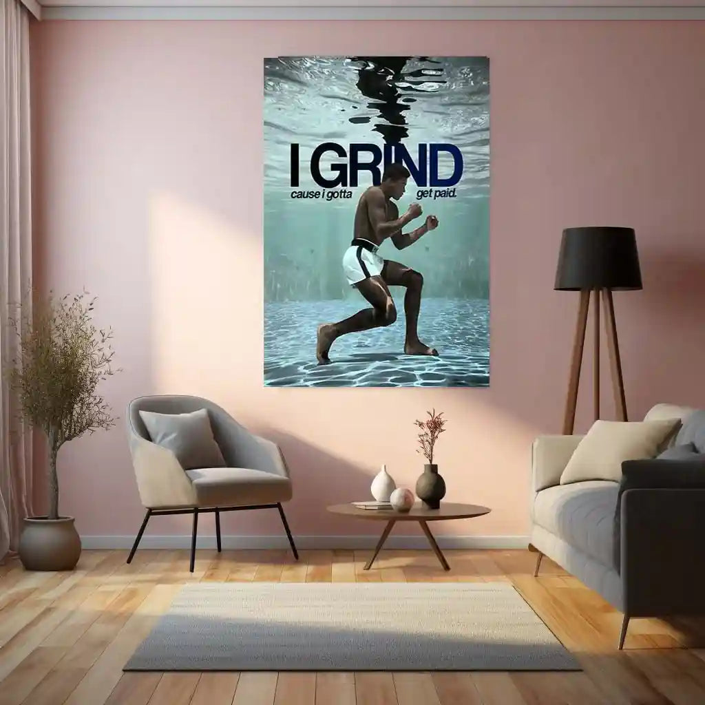 Quote Metal Poster | Muhammad Ali – I Grind Because I Get Paid Metal Frame Discipline, Hustle & Champion Work Ethic Motivational Wall Art | Boxing Legacy Quote Metal Poster - TURTLEWINGS 