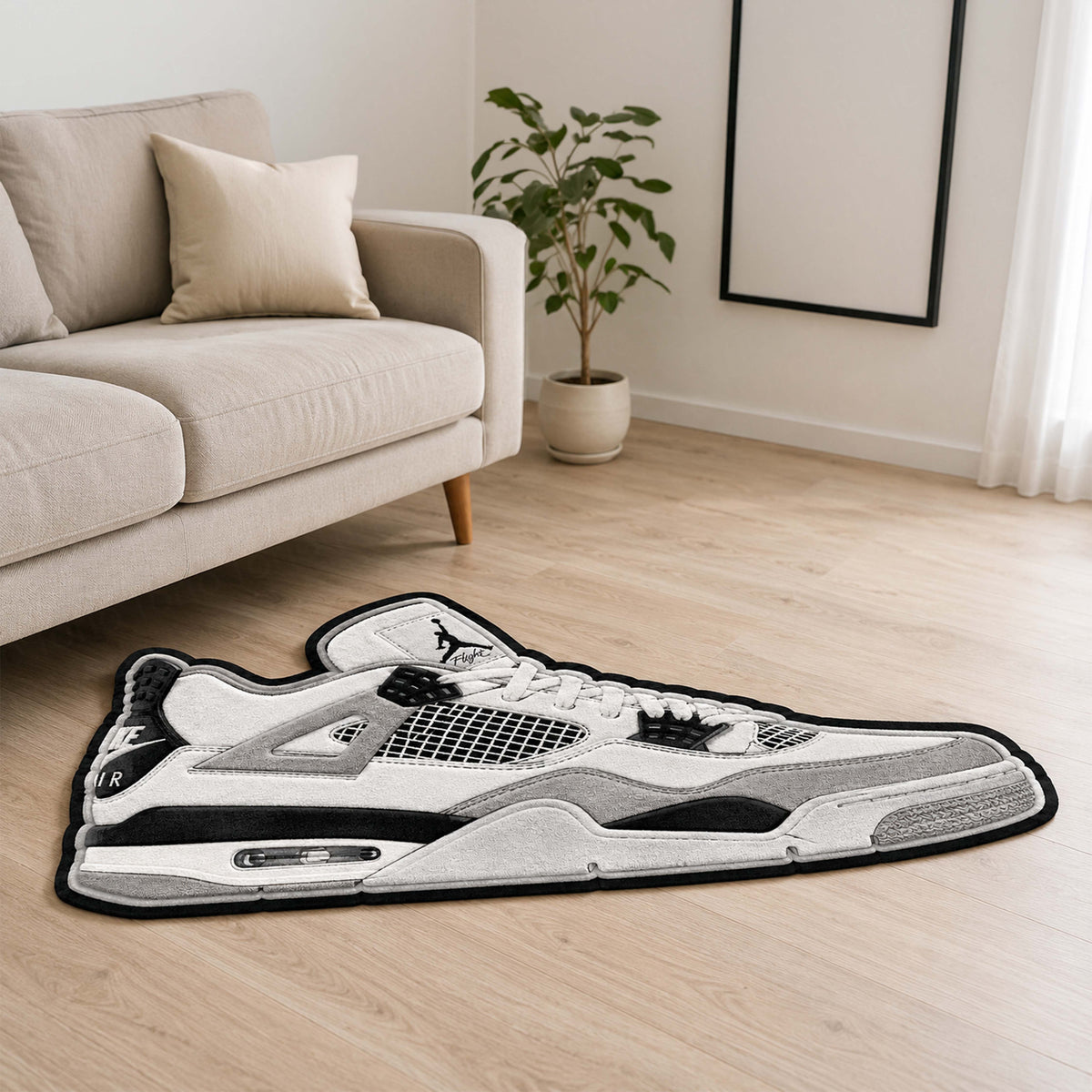 Air Jordan 4 Cut-out Flat Rug | Classic White & Black Sneaker Flat Rug | Premium Streetwear Room Decor