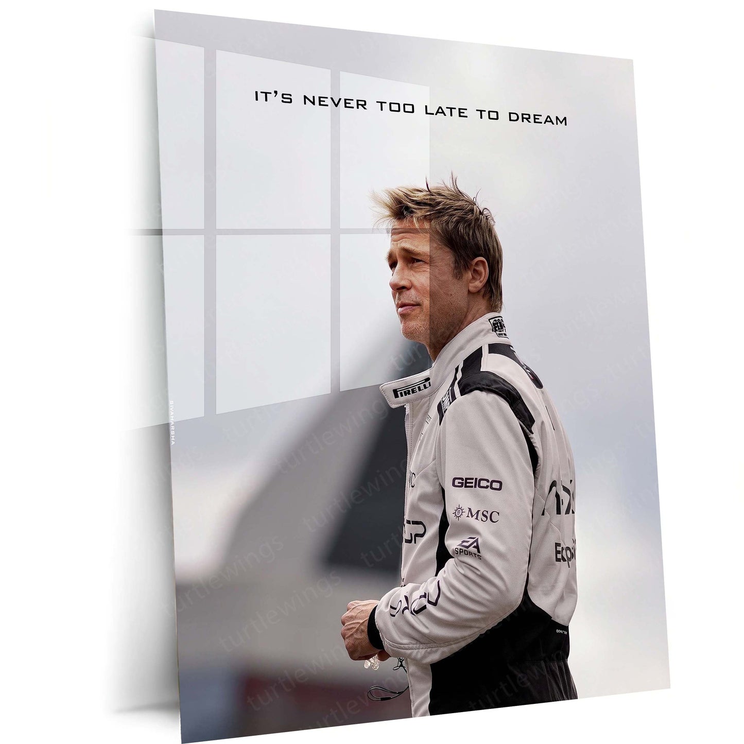Quote Metal Poster | Brad Pitt – It’s Never Too Late to Dream | Inspirational Racing Motivation Metal Frame | Success Mindset Wall Art by TurtleWings