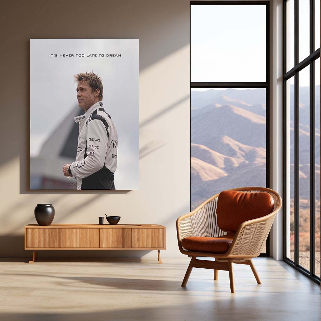 Quote Metal Poster | Brad Pitt – It’s Never Too Late to Dream | Inspirational Racing Motivation Metal Frame | Success Mindset Wall Art by TurtleWings