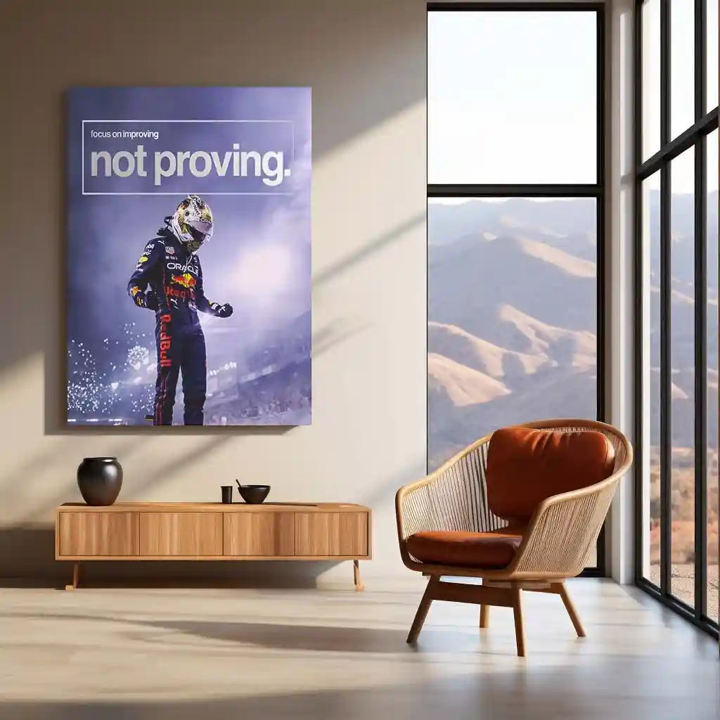 Quote Metal Poster | Max Verstappen – Improve, Don’t Prove Metal Frame Relentless Growth, Quiet Dominance & Champion Mindset Wall Art | “Focus on Improving, Not Proving” Quote - TURTLEWINGS 