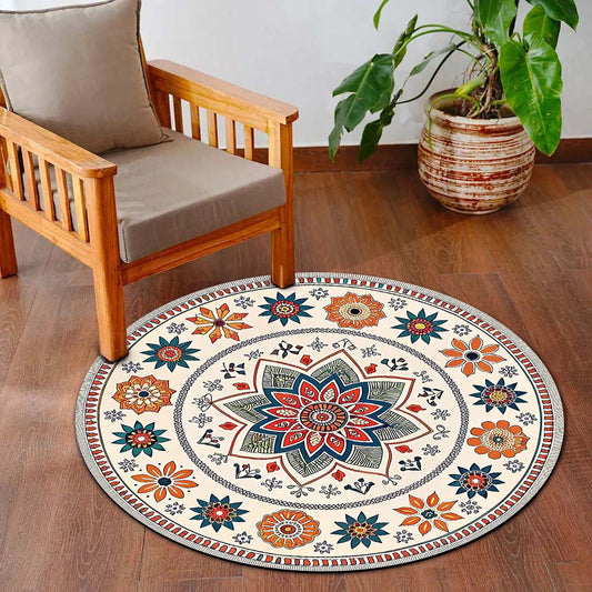 Indian Folk Mandala Circular Floor Mat (3 mm Thick) | Floral Ethnic Round Flat Rug for Living Room, Pooja Room, Bedroom & Home Decor
