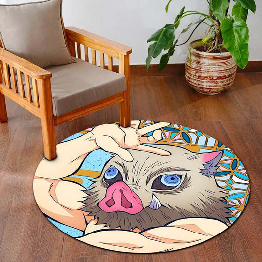 Inosuke Hashibira Round Flat Rug | Demon Slayer Anime Floor Mat | Anti-Slip 3 mm Absorbent Circle Flat Rug for Bedroom, Gaming Room & Anime Room Decor