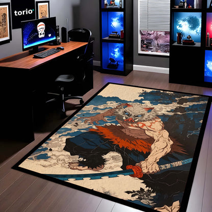 Inosuke Hashibira Anime Area Flat Rug | Demon Slayer Inspired Floor Mat | Beast Mask Anime Flat Rug for Bedroom, Gaming Room & Otaku Decor | Anti Slip Washable 3 mm Carpet