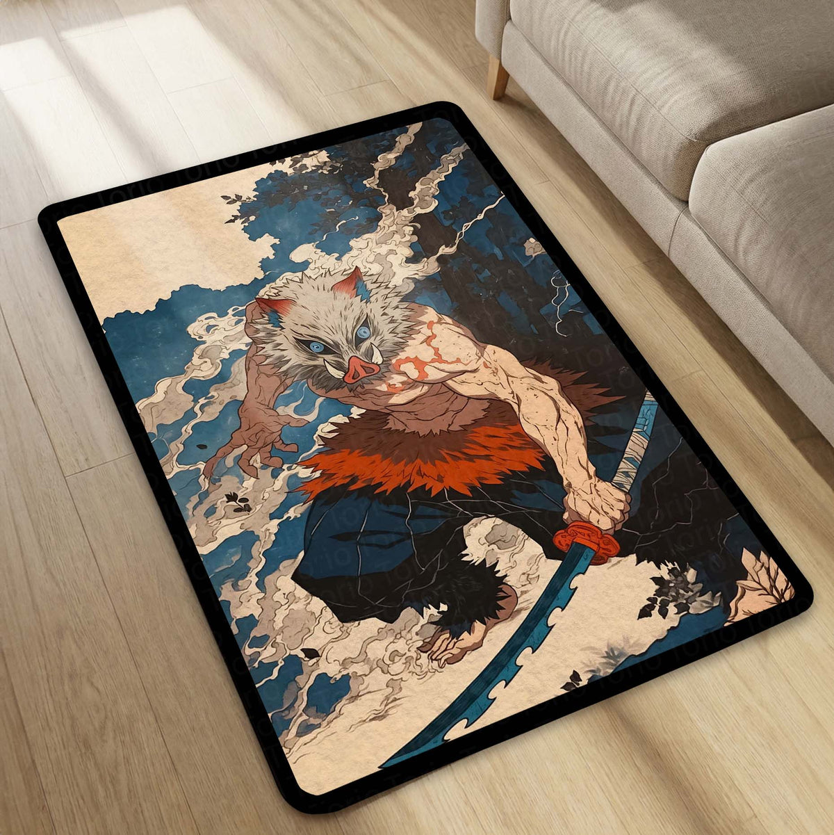 Inosuke Hashibira Anime Area Flat Rug | Demon Slayer Inspired Floor Mat | Beast Mask Anime Flat Rug for Bedroom, Gaming Room & Otaku Decor | Anti Slip Washable 3 mm Carpet